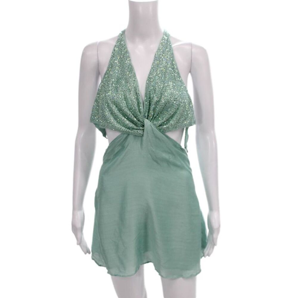 Sundress Women Halter Green Tie Sleeveless Modal Size XS